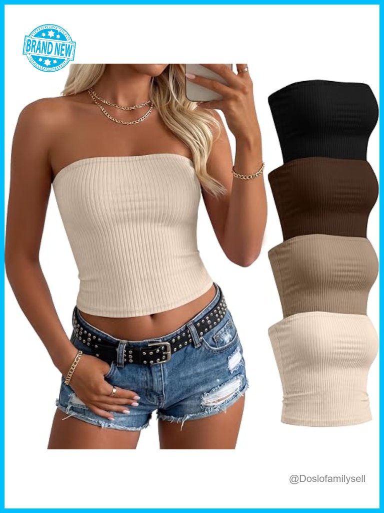 4 Pack Women's Cotton Tube Tops Strapless Ribbed Backless Bandeau